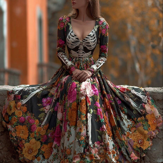 Women's Halloween Haunted Skull Maxi Dress