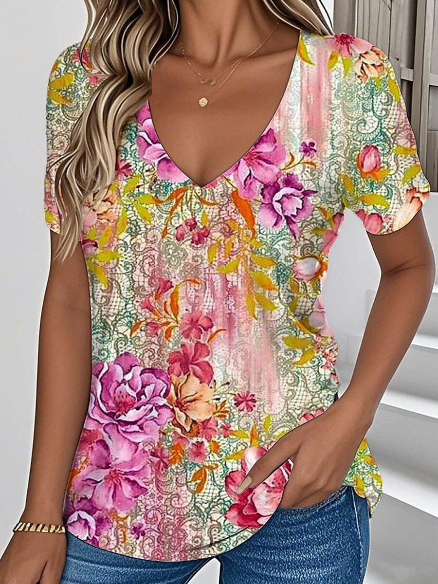 Women's Cheerful Botanical V Neck Tee