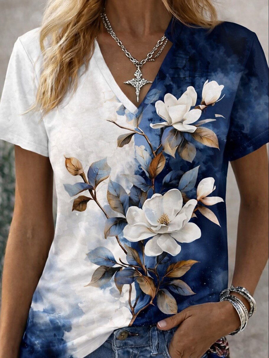 Women's Classic Floral V Neck Tee