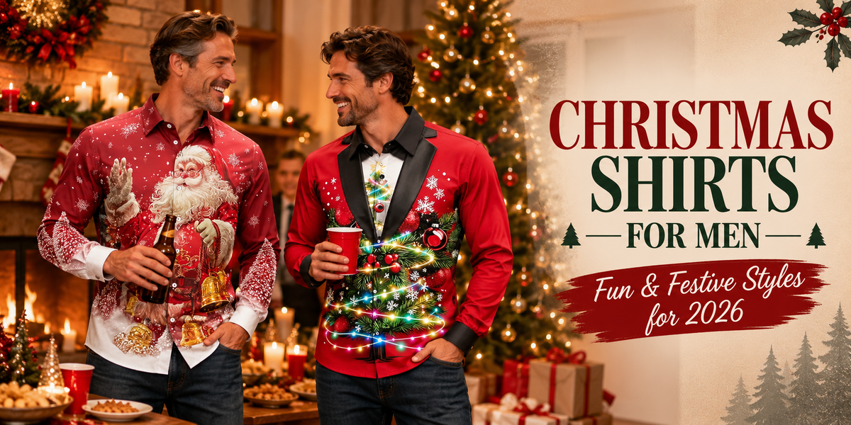Men wearing festive Christmas shirts with Santa and holiday prints at a Christmas party