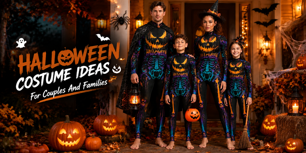 Couples and families wearing Halloween costumes at a spooky party celebration
