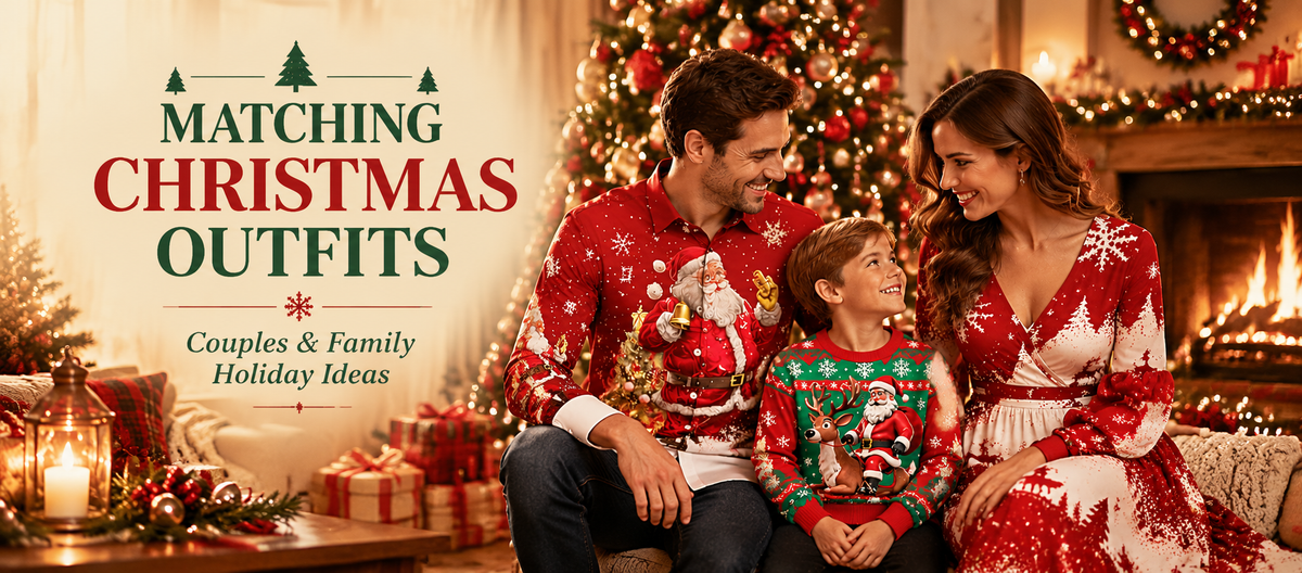 Family wearing matching Christmas outfits during a holiday celebration