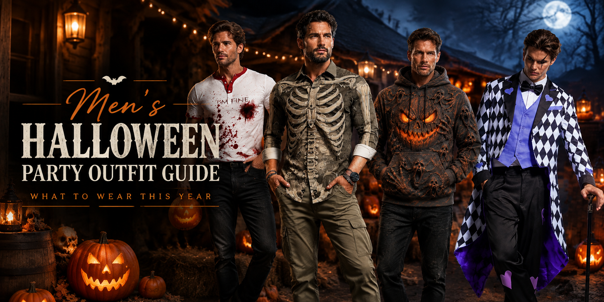 Men wearing different Halloween party outfits for spooky season style