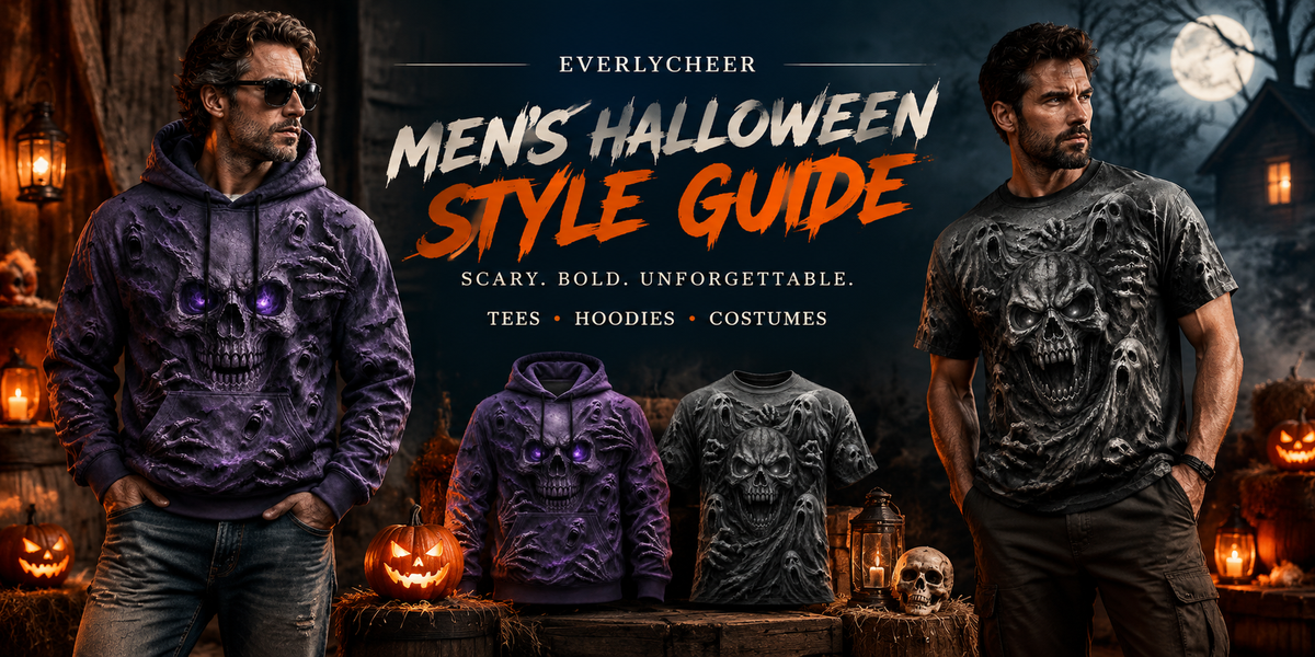 Men’s Halloween style guide featuring spooky skull hoodies and graphic tees for a bold Halloween look