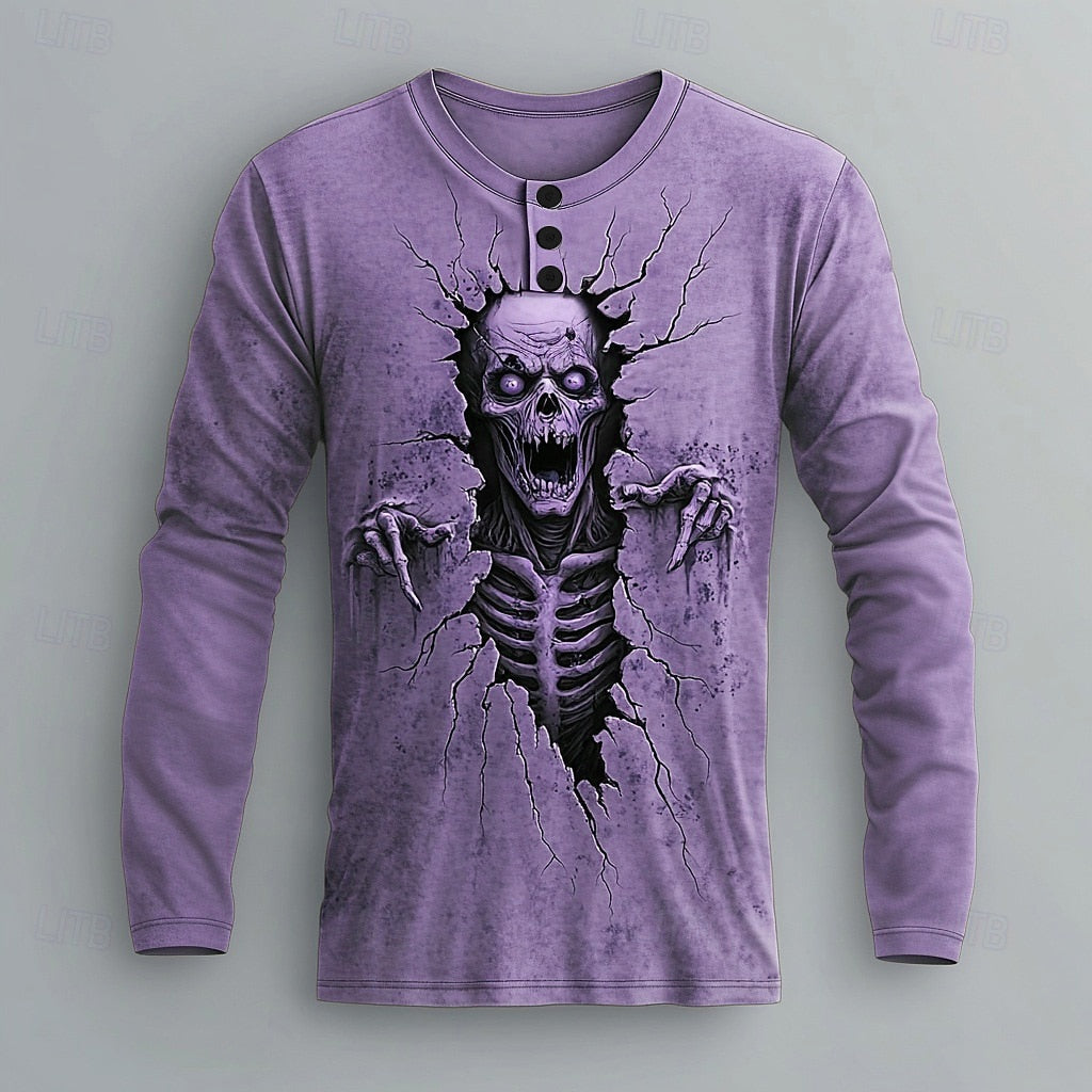 Men's Skull Graphic Casual Henley Shirt