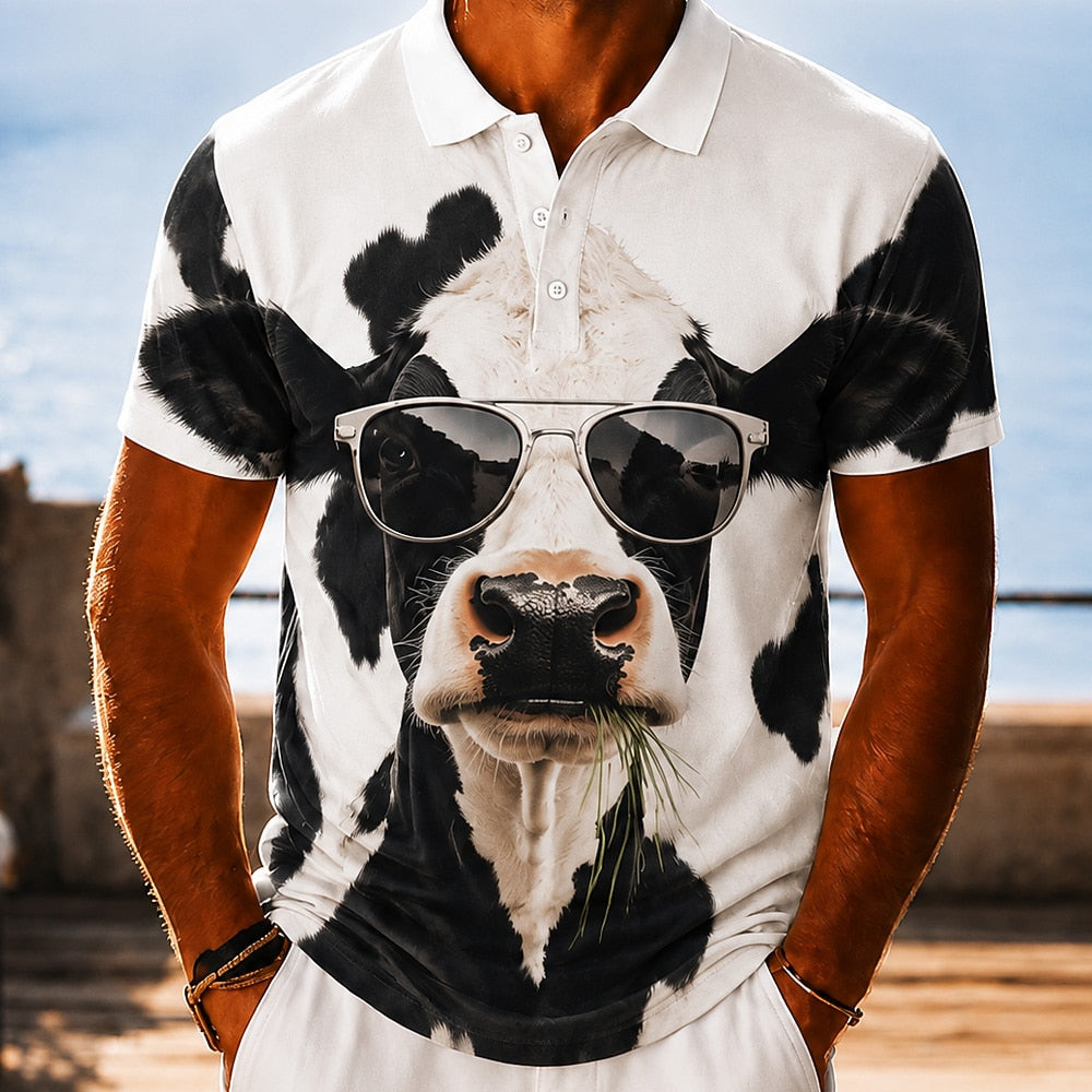 Men's 3D Cartoon Cow Hawaiian Polo