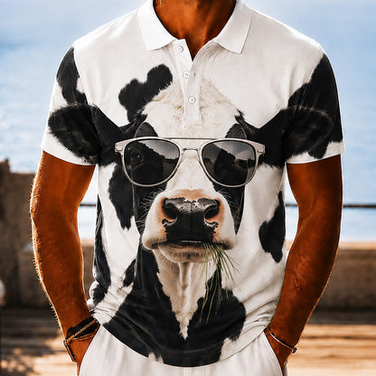 Men's 3D Cartoon Cow Hawaiian Polo
