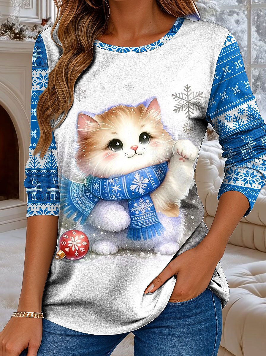 Women's Cat Snowflake Christmas Longsleeve Tee