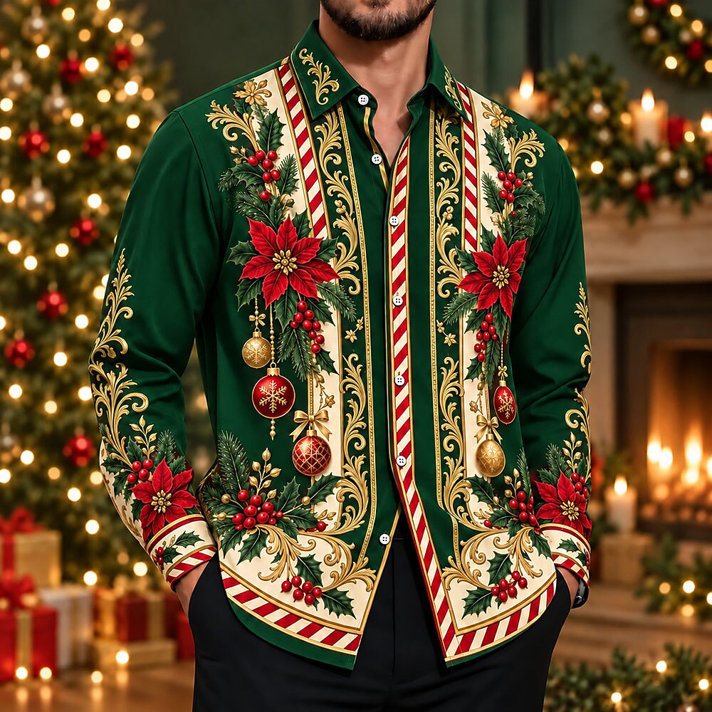 Men's Christmas Baubles Pattern Button Up Shirt