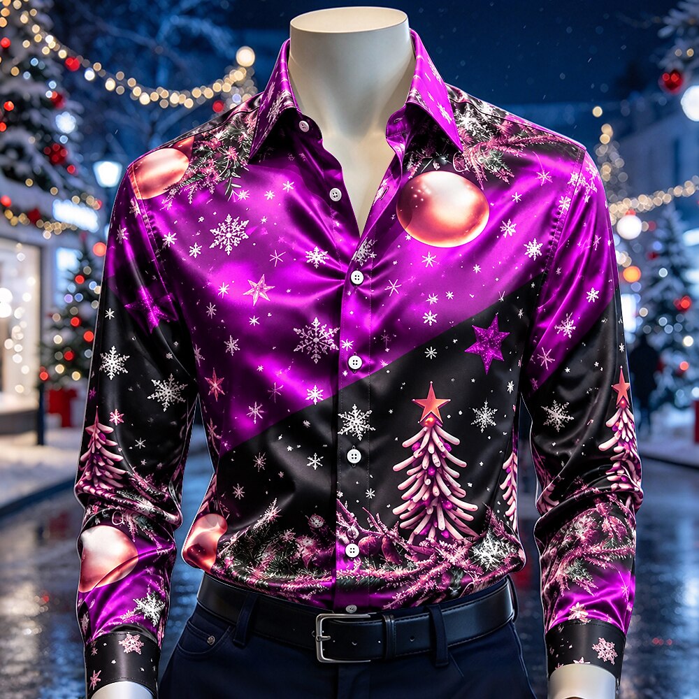 Men's Colorful Christmas Tree Satin Shirt