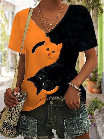Women's Colorblock Cat V Neck Tee