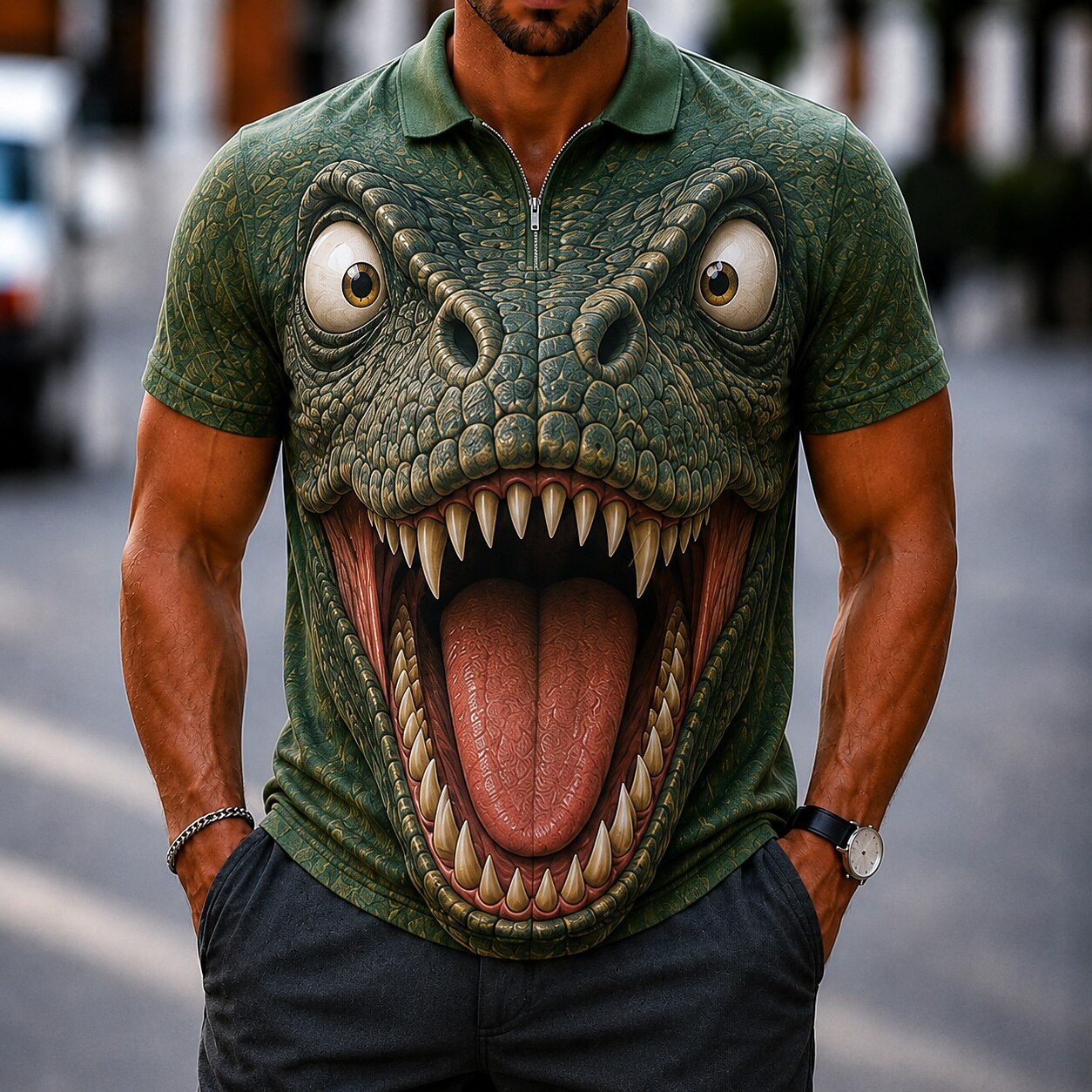 Men's Cartoon Animal Zip Polo Shirt