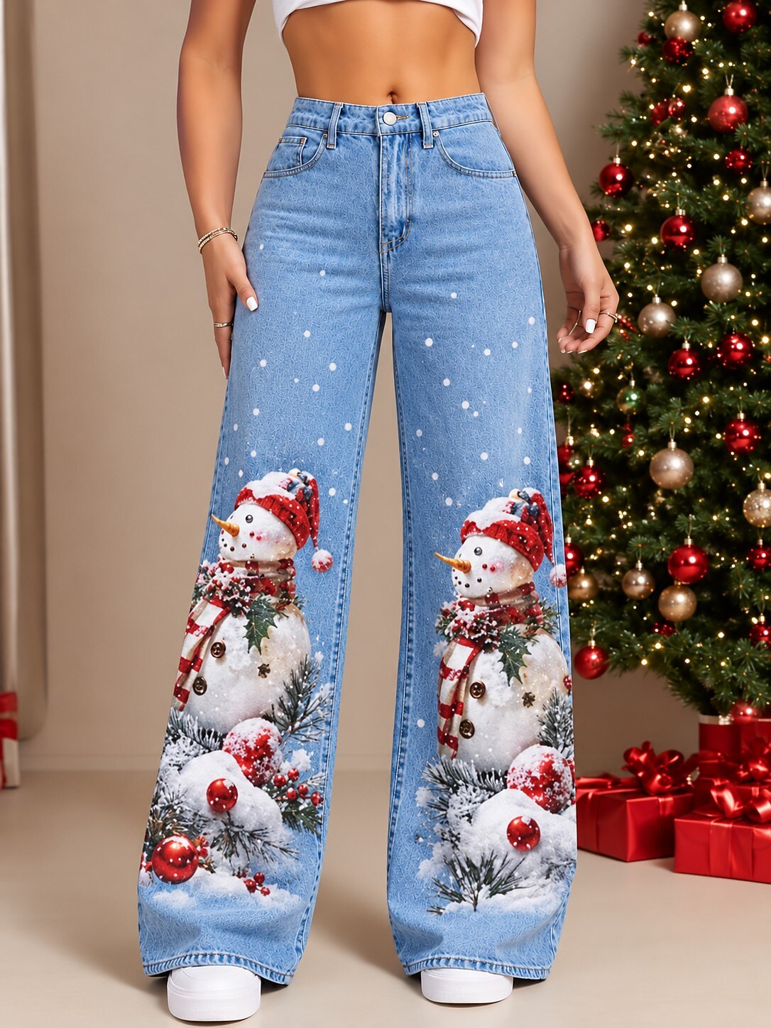 Women's Santa Tree Wide Leg Drawstring Jeans