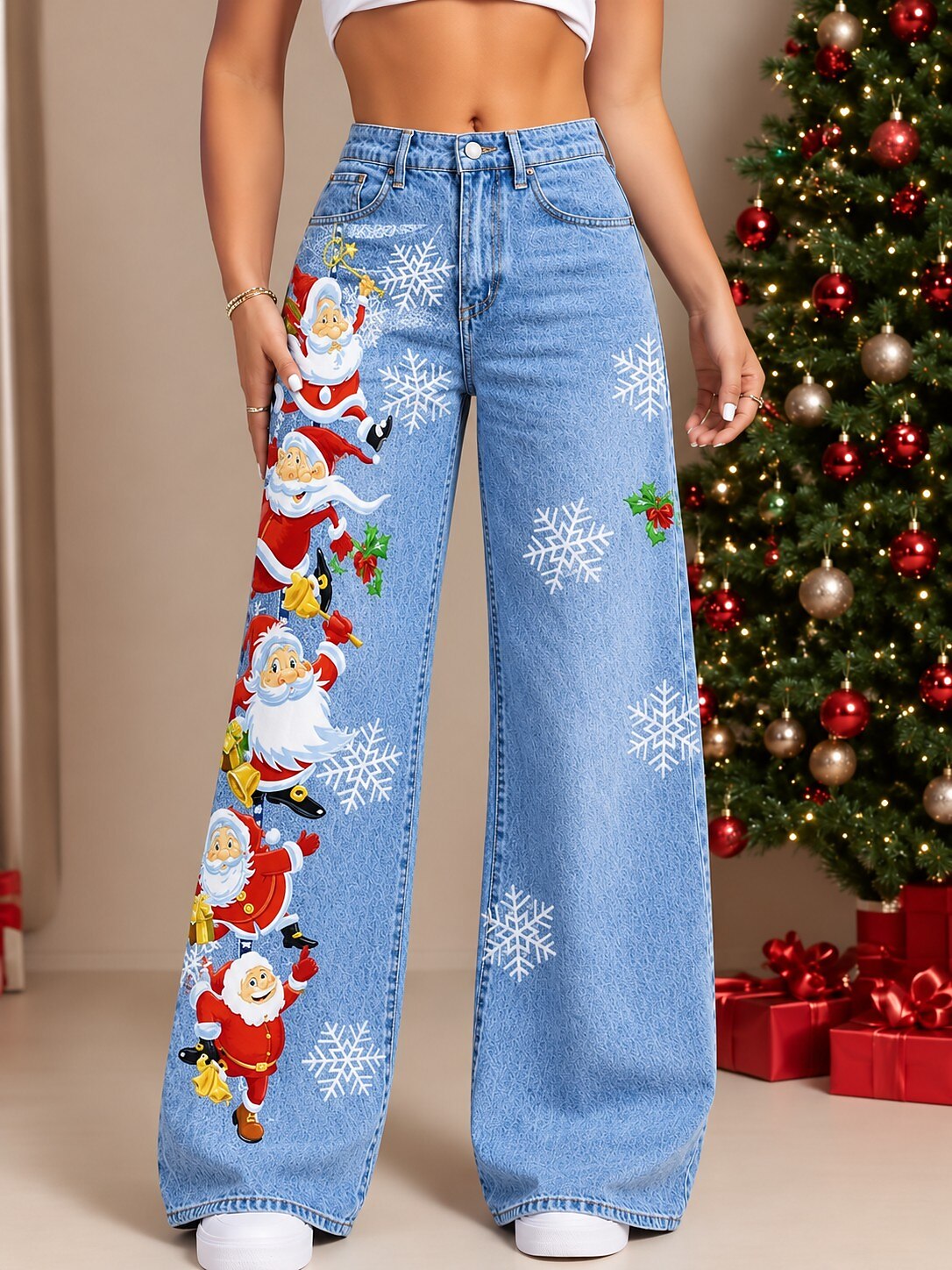 Women's Floral Print Summer Wide Leg Jeans