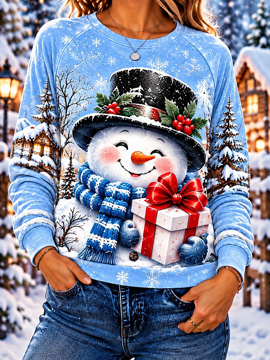 Snowman Print Holiday Pullover Sweatshirt