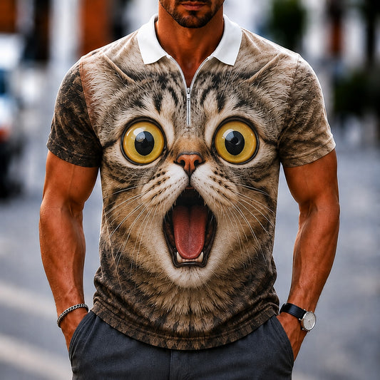Men's 3D Cartoon Animal Zip Polo Shirt