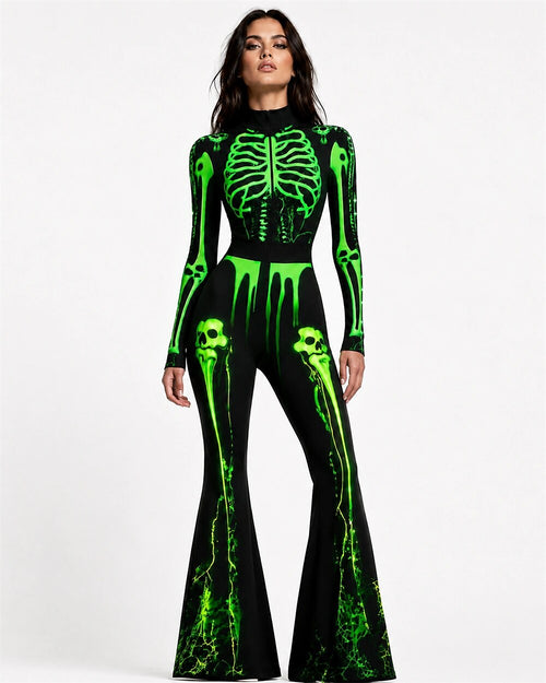 Women's Spooky Neon Skeleton Halloween Jumpsuit Costume