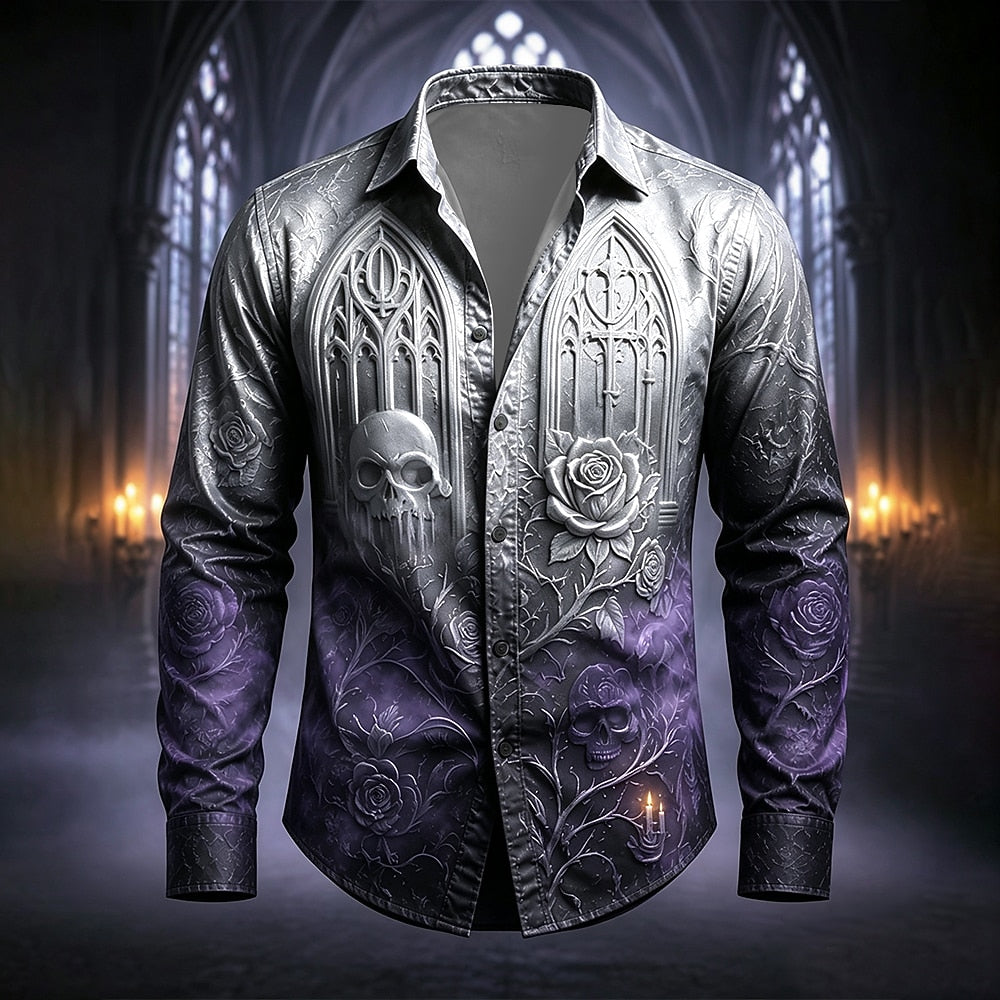 Men's Rose Skull Holiday Button Shirt