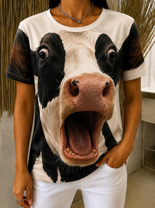 Women's Cheerful Cow Colorblock Graphic Tee