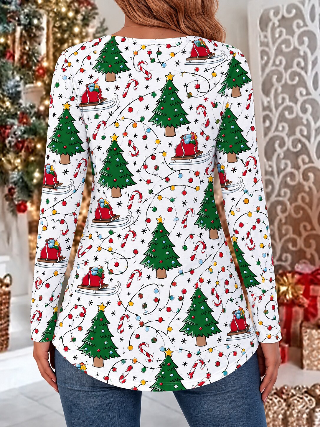 Women's Santa Christmas Tree V Neck Blouse