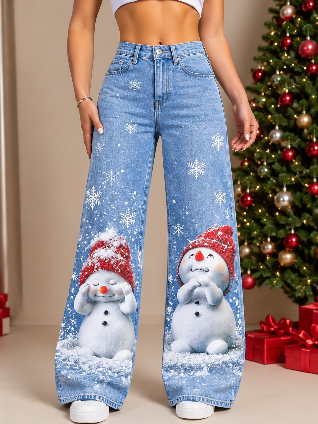 Women's Ugly Floral Christmas Denim Jeans