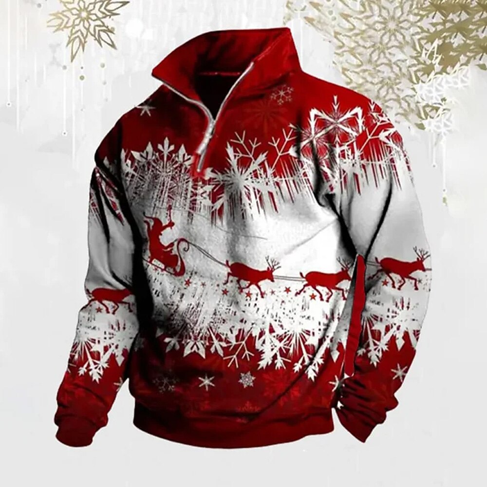 Christmas Elk Snowflake Zip Polo Shirt