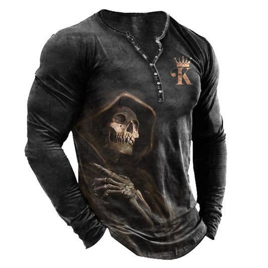 Men's Skull Graphic Vintage Henley Shirt