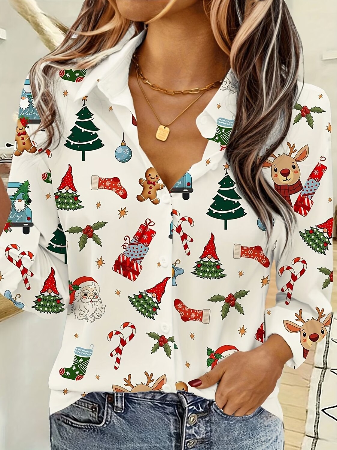 Women's Vintage Christmas Tree Button Shirt