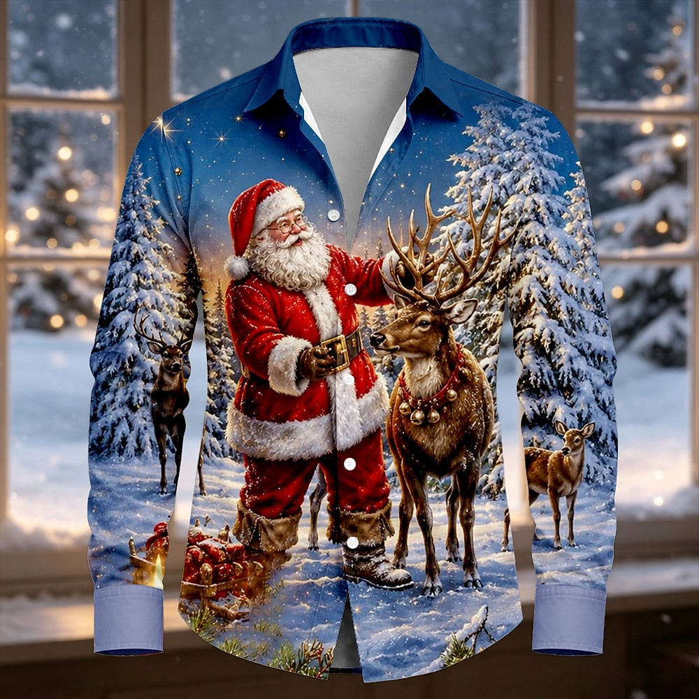 Santa Christmas Tree Animal Button Shirt