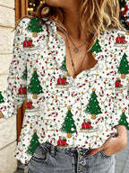 Women's Beige Christmas Tree Button Shirt