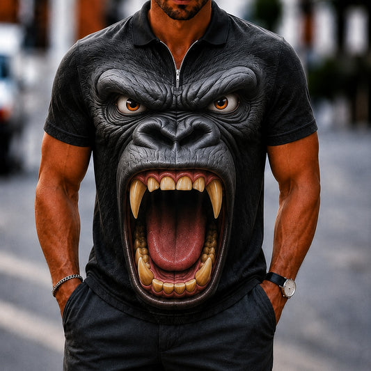 Men's Cartoon Animal Zip Polo Shirt
