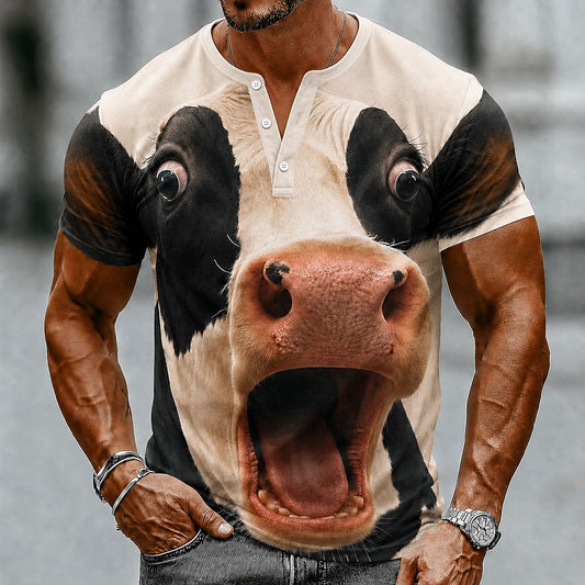 Men's Vintage Cow Graphic Henley Shirt