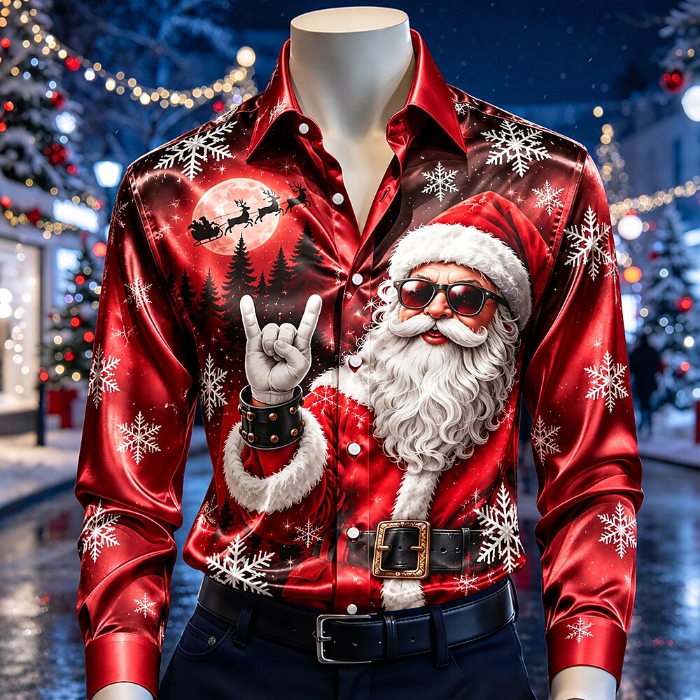Men's Santa Claus Festive Print Satin Shirt