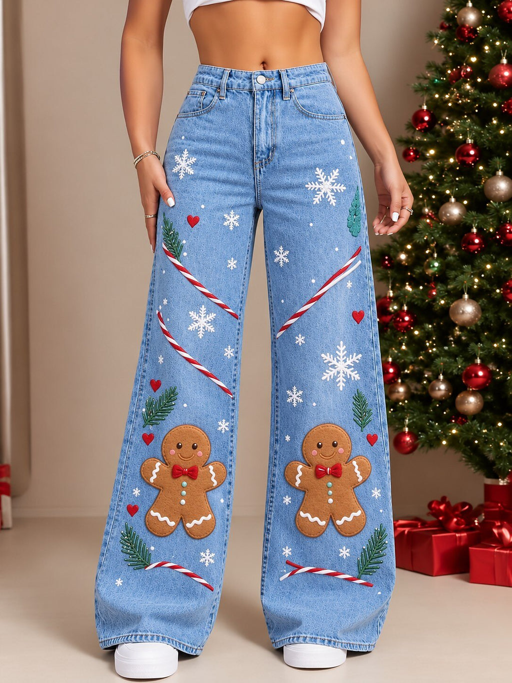 Women's Santa Tree Patchwork Wide Leg Jeans