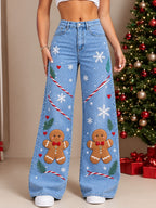 Women's Santa Tree Patchwork Wide Leg Jeans