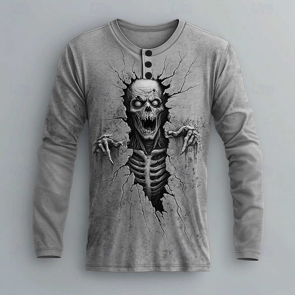 Men's Skull Graphic Casual Henley Shirt