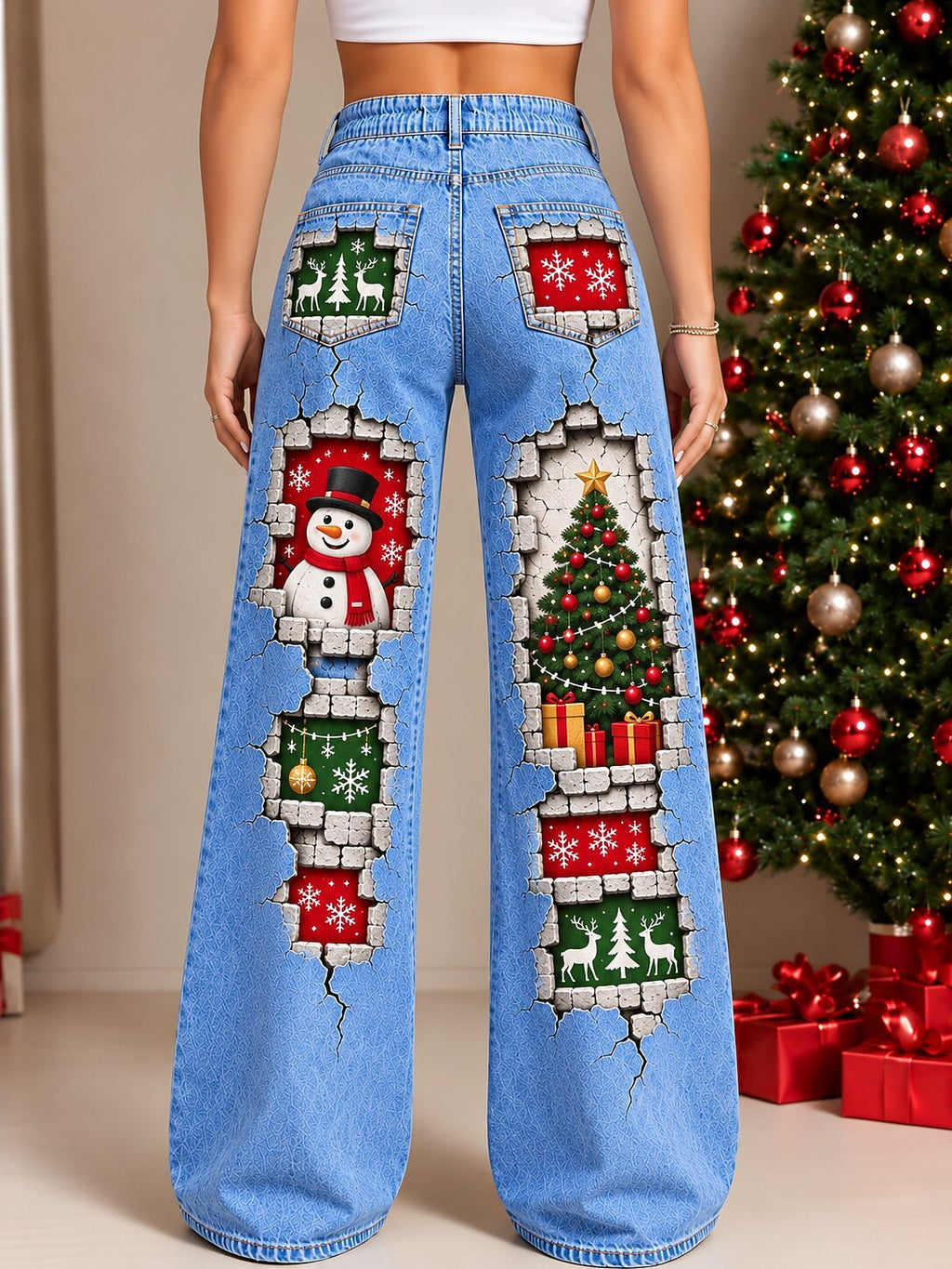 Women's Vintage Floral Wide Leg Denim Jeans