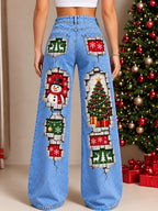 Women's Vintage Floral Wide Leg Denim Jeans