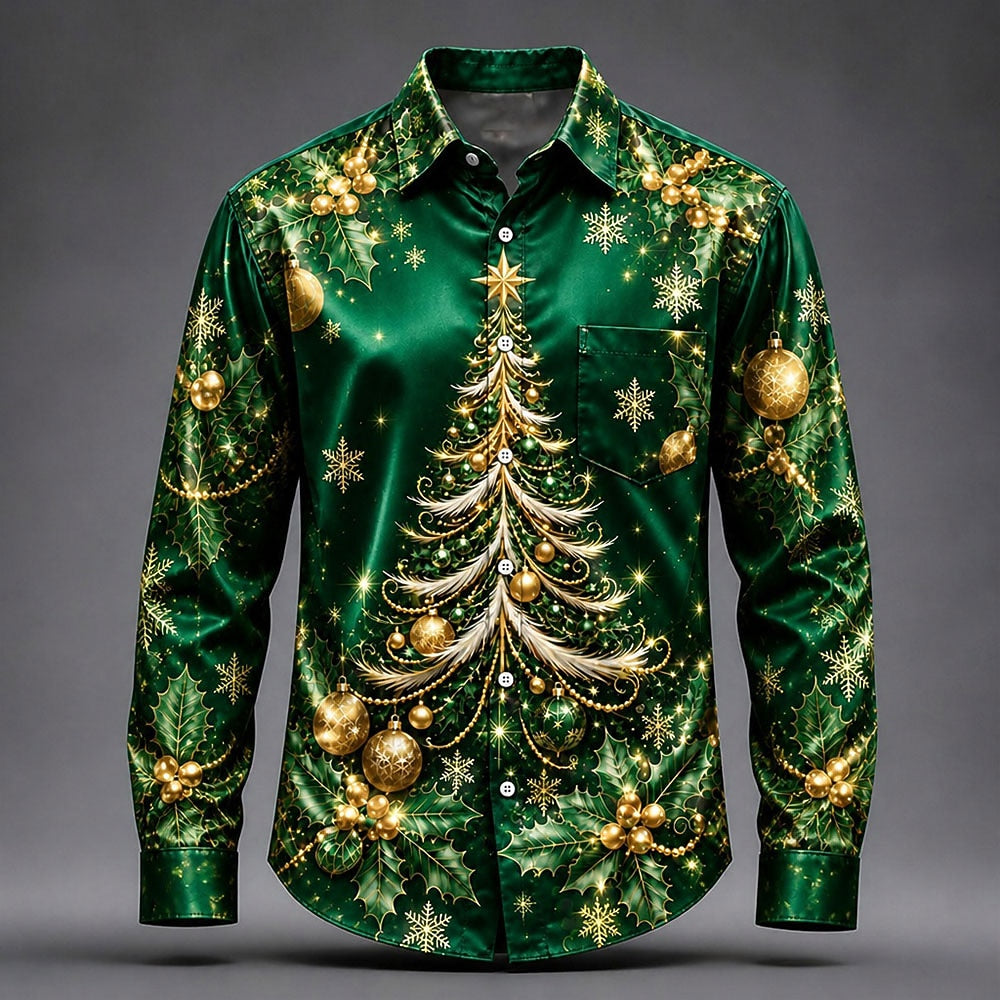 Men's Multicolor Christmas Tree Satin Shirt