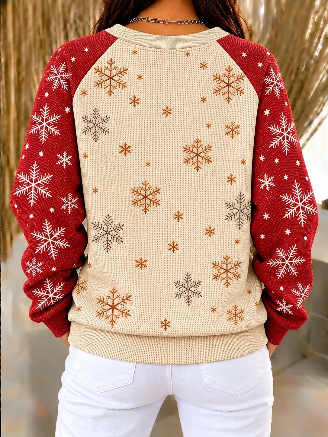 Christmas Women's Waffle Textured Pullover Sweatshirt