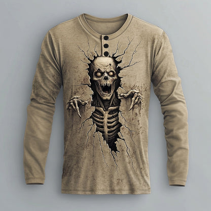Men's Skull Graphic Casual Henley Shirt