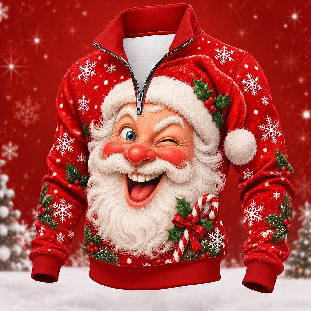 Santa Christmas Stand Collar Zip Sweatshirt