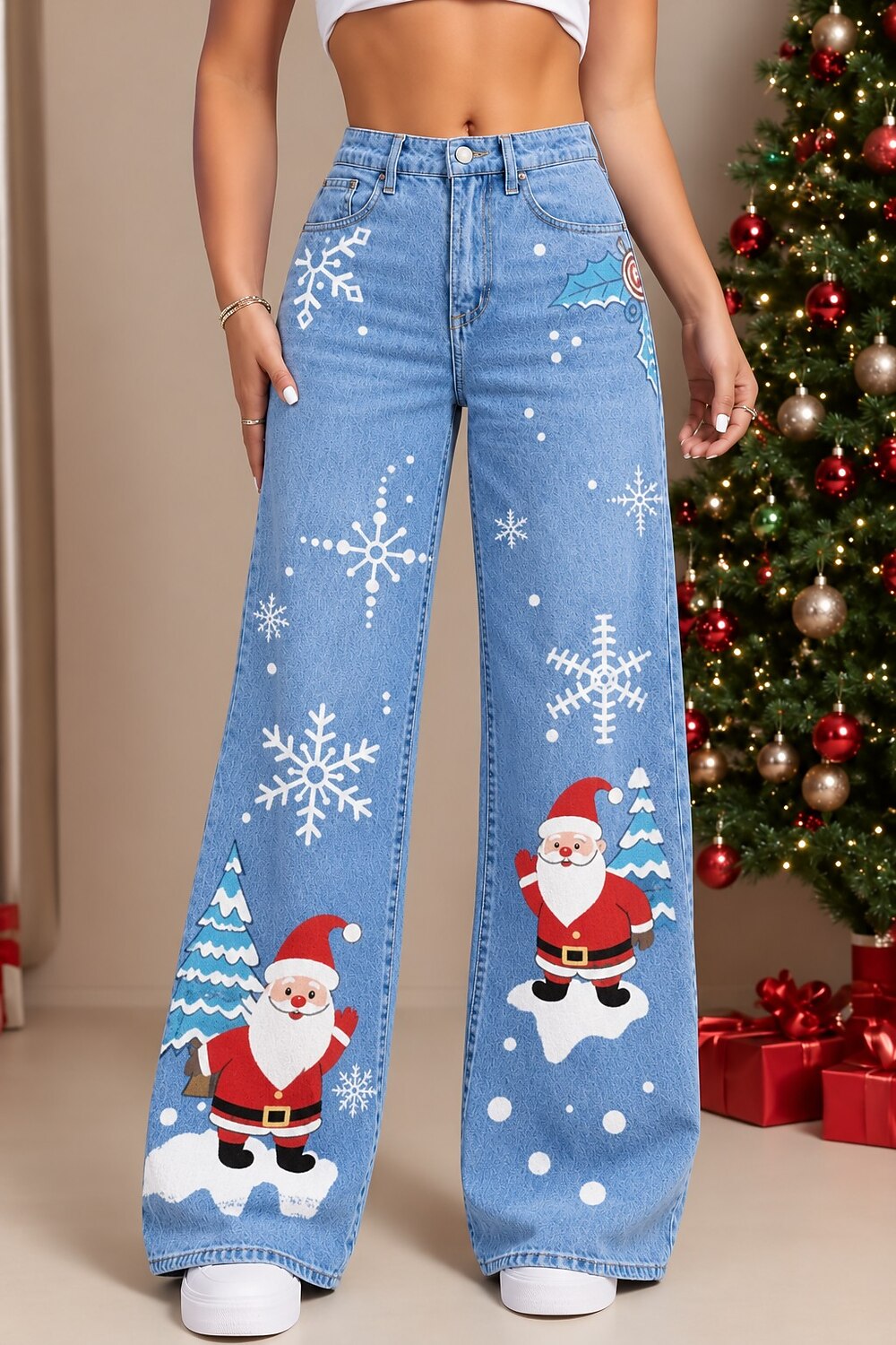 Women's Santa Tree Drawstring Denim Jeans