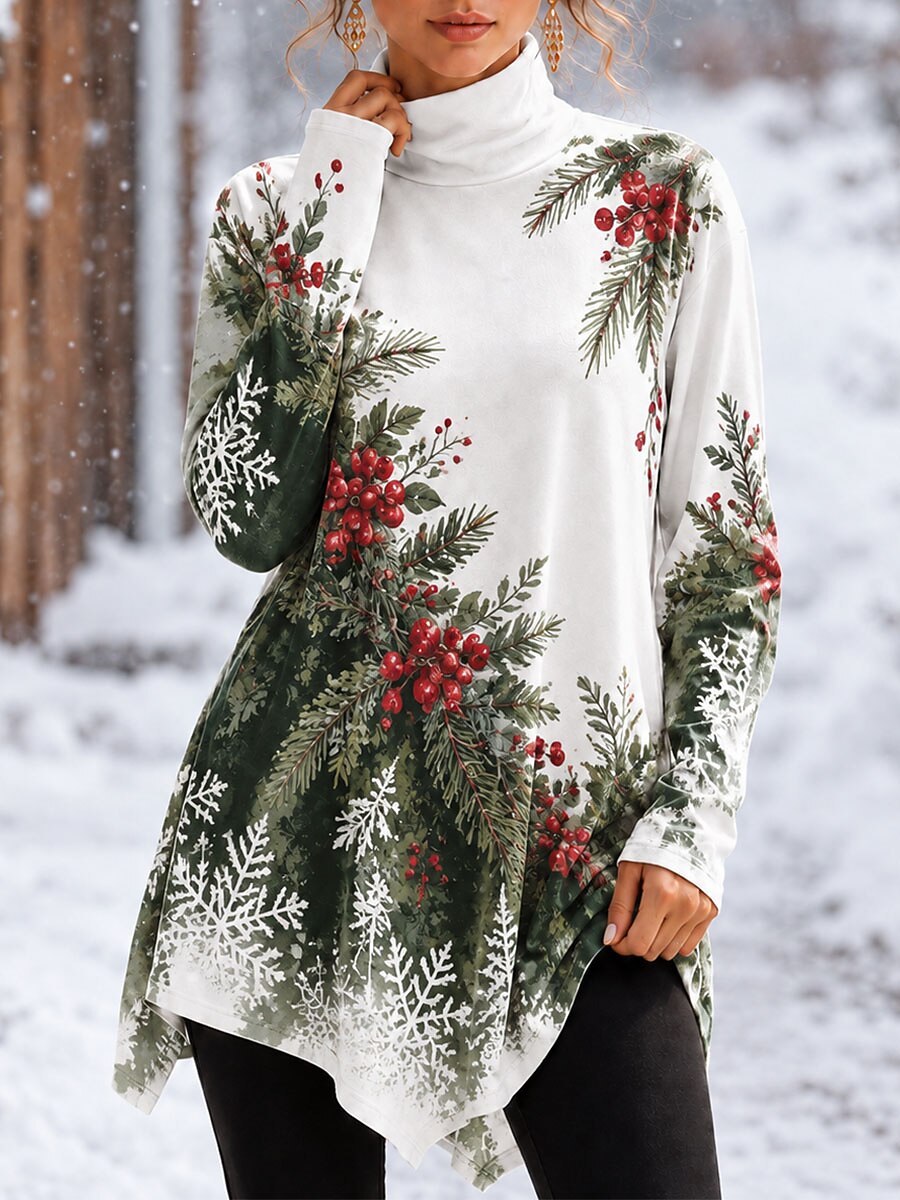 Christmas Floral Asymmetrical Turtleneck T-Shirt