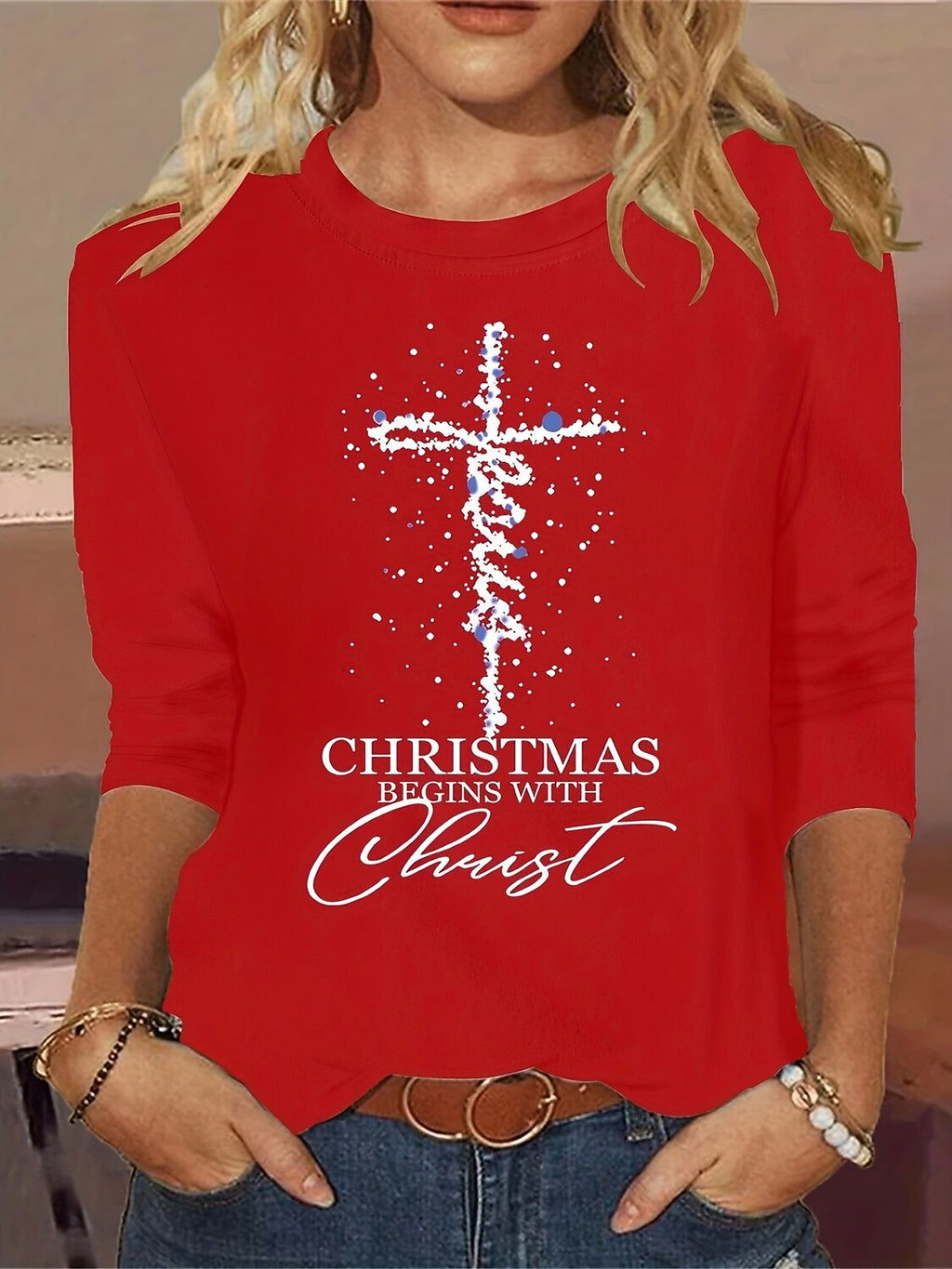 Women's Christmas Christ Cross Graphic T-shirt