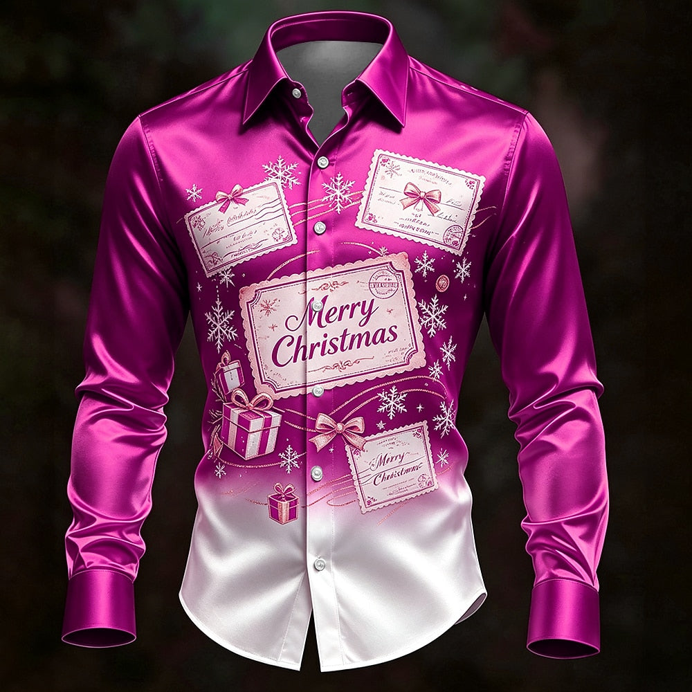 Christmas Scene Ornaments Satin Button Shirt
