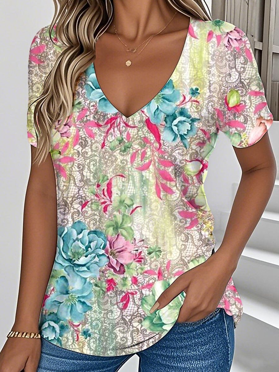 Women's Cheerful Botanical V Neck Tee