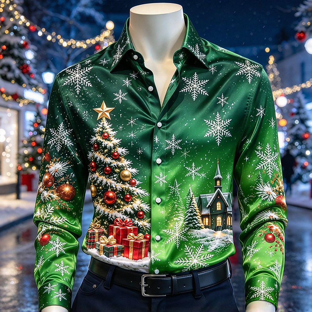 Men's Christmas Tree Scene Satin Shirt