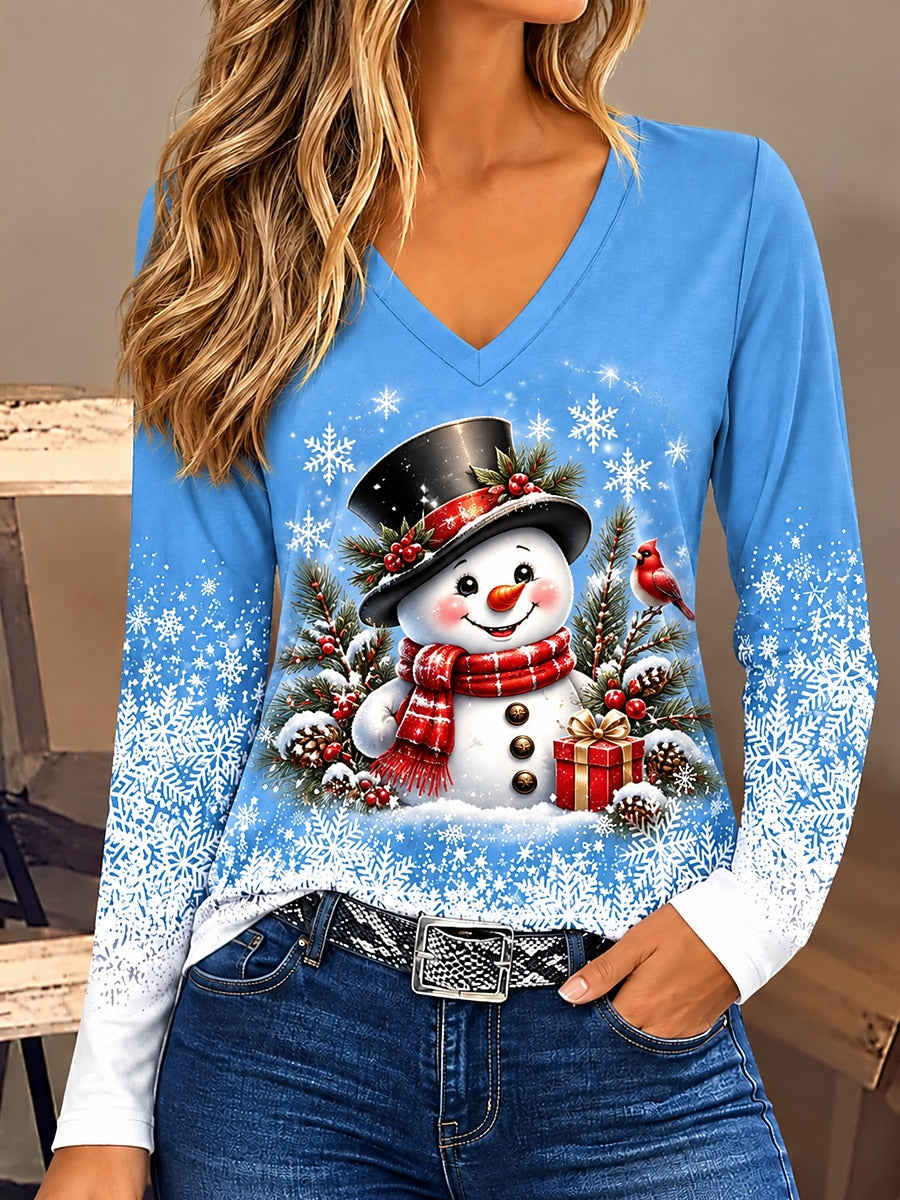 Women's Snowman V Neck Christmas Shirt