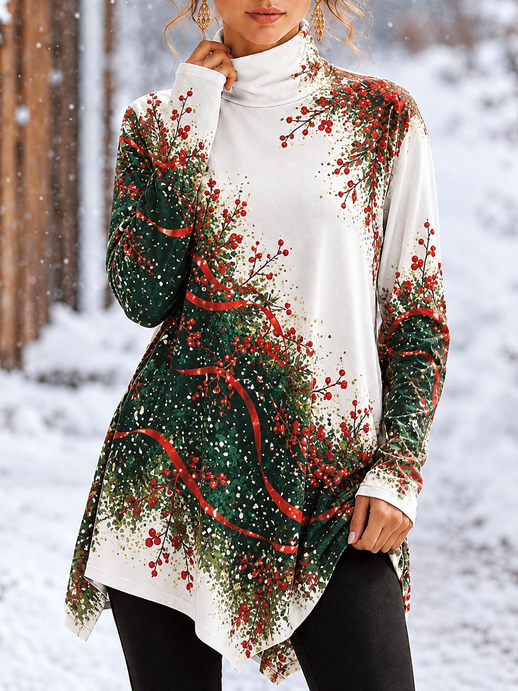 Christmas Floral Classic Turtleneck T-Shirt